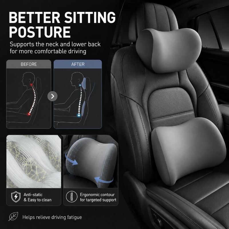 Zestaw poduszek samochodowych: – Memory Foam Car Neck Pillow Lumbar Support recenzja i cena